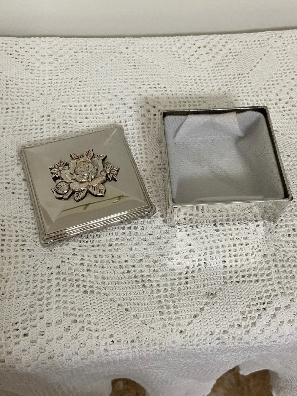 Vintage Silver Plate Rose Trinket Box 3” Floral Jewelry Box Cottagecore Vanity